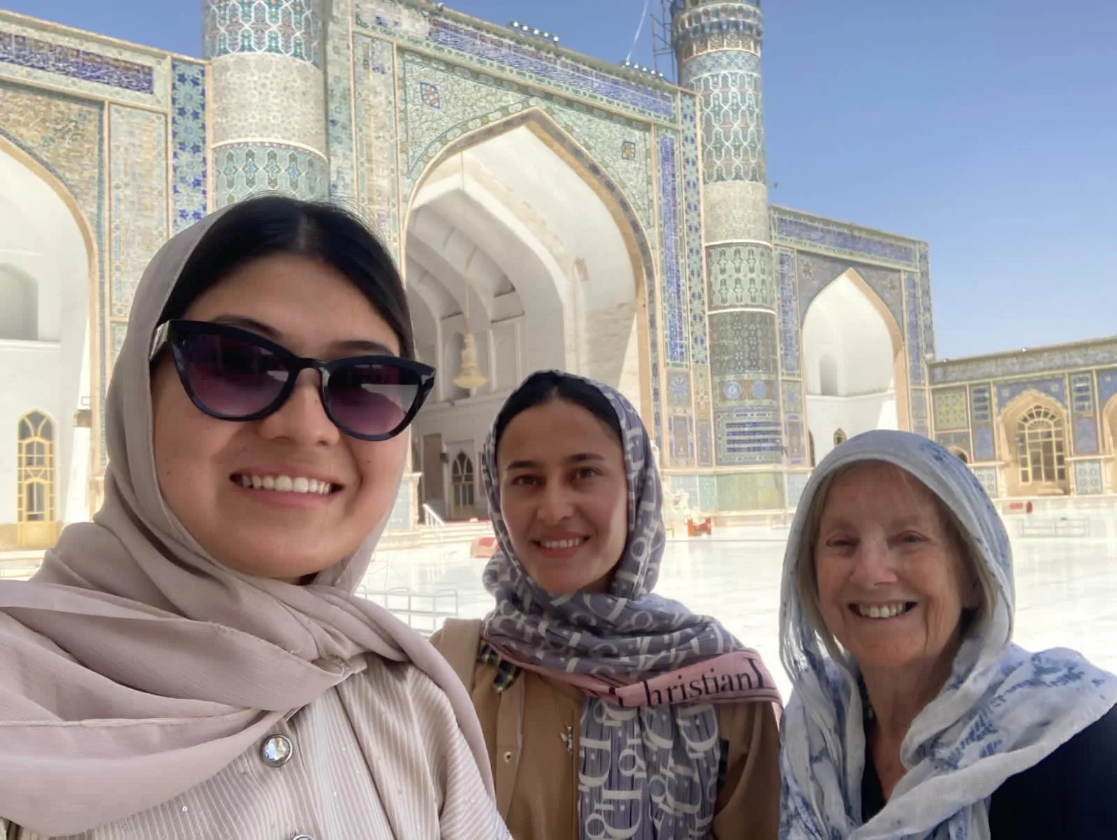 Exploring the Blue Mosque in Herat — Patricia with her female tour guides.